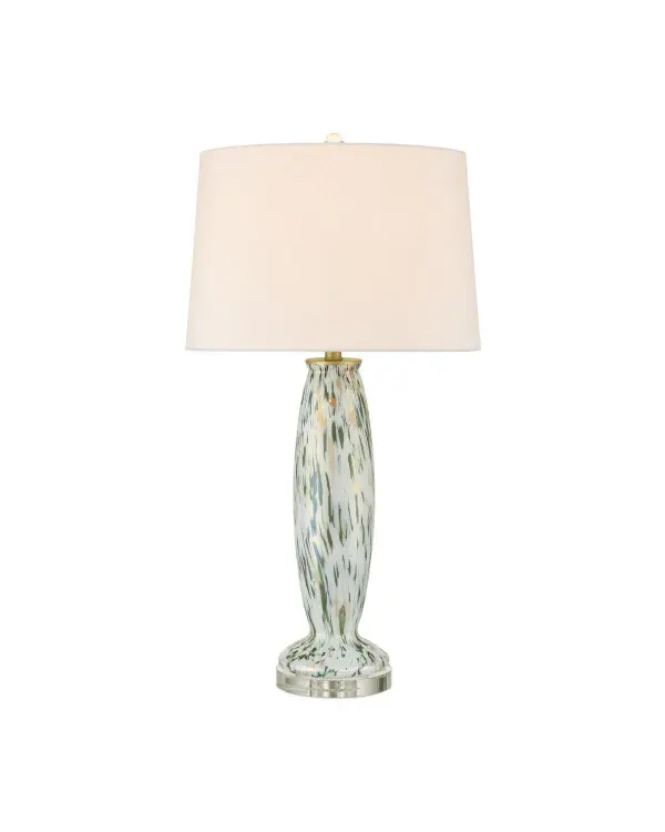 A stunning decorative table lamp featuring hand-crafted marbled glass in swirling white, green, and soft peach tones. Inspired by 1925 French glassmaker Charles Schneider, this piece combines artisanal glass-fusing techniques with modern functionality.