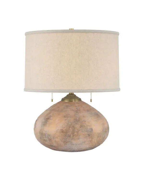 The Kenmare Table Lamp brings warmth and character with its textured terracotta body and antique brown glaze. The ribbed surface creates visual interest while the tailored linen shade adds sophistication. Dual pull-chain switches offer flexible lighting control.