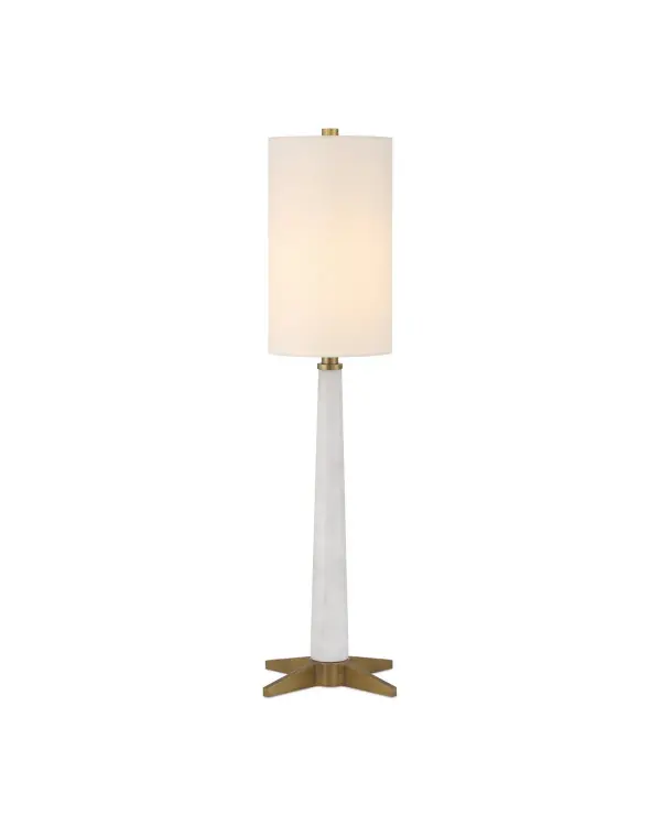 The Munroe table lamp brings 1920s glamour to modern spaces with its white marble body and antique brass accents. Its slender telescoping design and X-style base deliver sophisticated style without consuming valuable surface area.