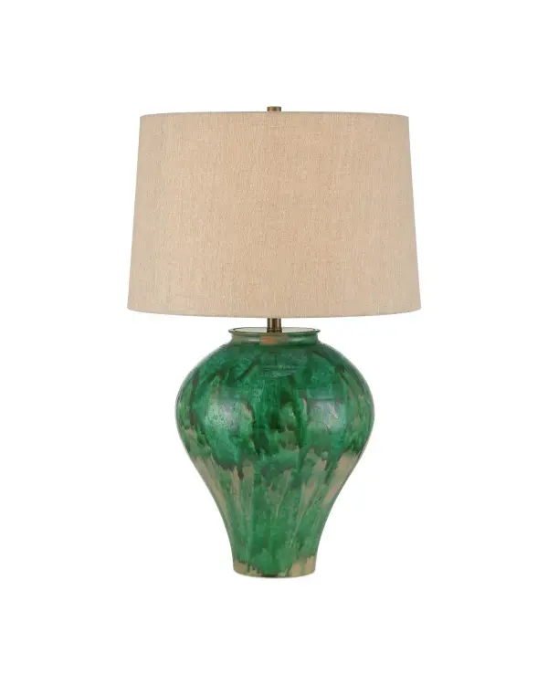 A stunning hand-thrown porcelain table lamp featuring a painterly green glaze that creates unique organic patterns. Each piece is one-of-a-kind with natural drips and color variations, making it a true artisanal statement piece.