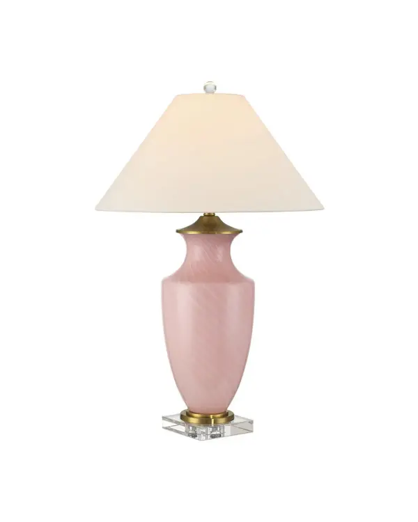 A stunning example of Murano glassmaking tradition, this table lamp features delicate tone-on-tone pink patterns created through the historic Zanfirico technique. The optic crystal base and brass accent elevate its artisanal quality.