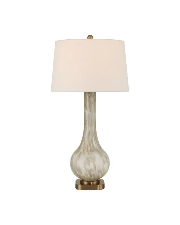 The Bombon combines handcrafted fused glass with warm antique brass metalwork for a sophisticated transitional aesthetic. Its marbled glass body creates visual depth while the stacked metal base adds traditional elegance.