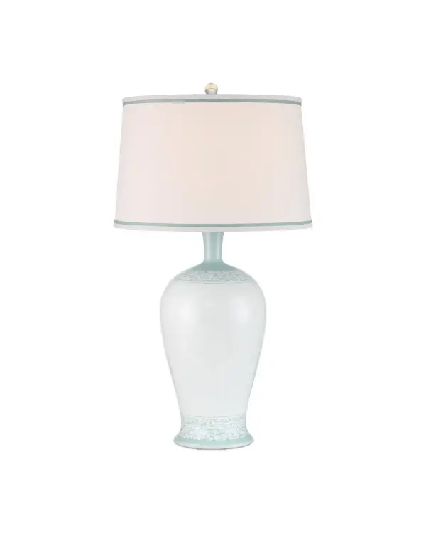 This elegant table lamp features hand-painted pale green cloud motifs on crisp white porcelain, drawing inspiration from classic Ming Dynasty design. The coordinating fabric shade with double trim and polished nickel finial create a refined, timeless look.