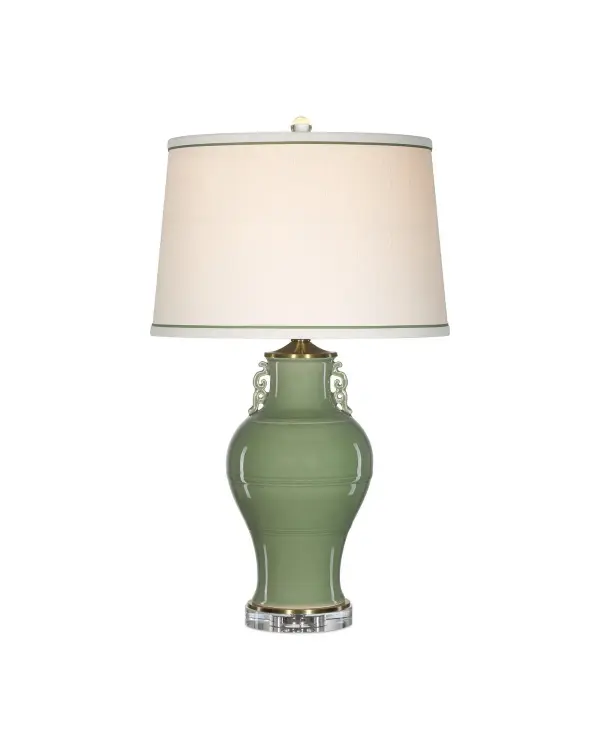 The Londonderry brings timeless Asian elegance to traditional interiors with its luminous sage green porcelain body adorned with Ming Dynasty-inspired ornamentation. Optic crystal base and finial add luxe detail.