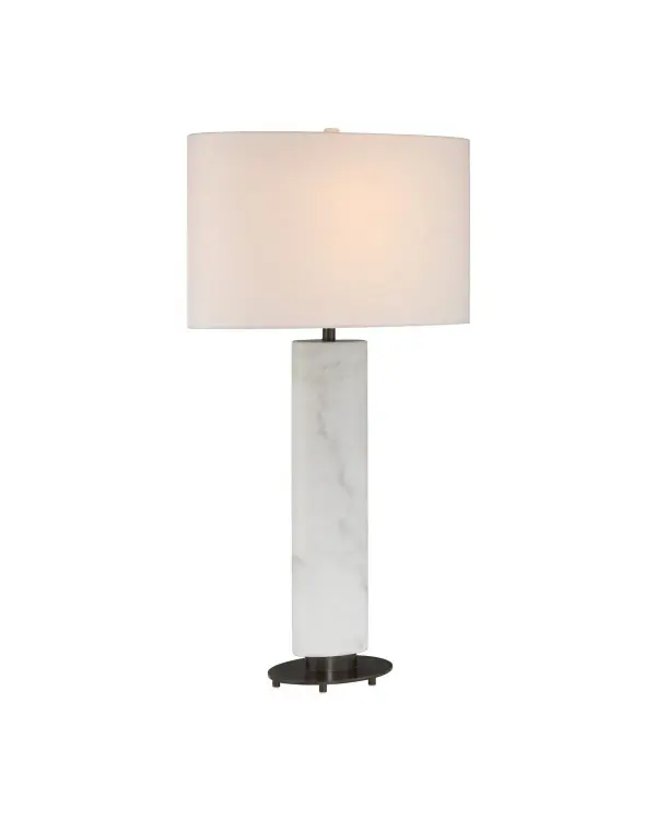 The Stanhope combines natural white marble with dark veining and bronze metal accents for a sophisticated, gallery-worthy aesthetic. Its elliptical form and layered base create visual interest while the oversized linen shade provides warm, diffused light.