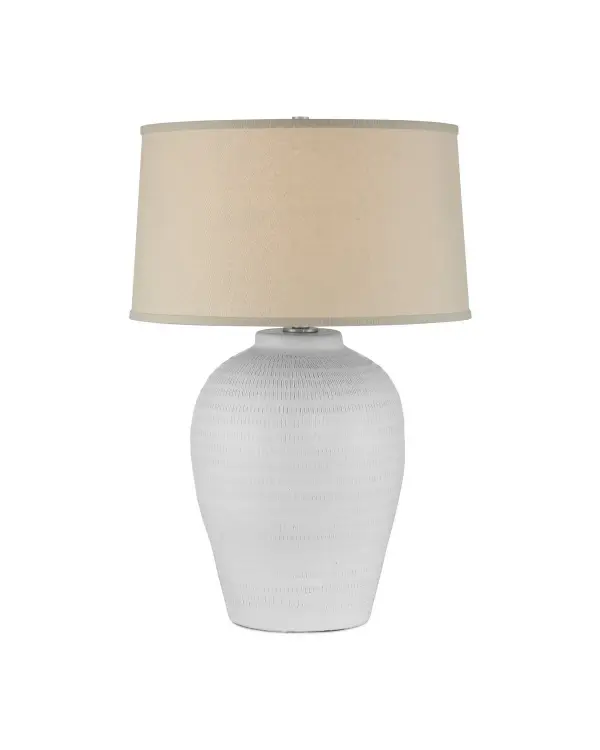 The Currey & Company Dashwell White Table Lamp is a substantially sized lamp made of matte white ceramic. Collection: Dashwell Finish: White Glass: Beige/Linen/Single Fold/Self Trim Width: 20.00" Height: 30.00" Weight: 12.00 lb Wire: 6'Clear Silver Number of Bulbs: 1 Maximum Wattage: 150.00 W Bulb Type: A Bulb Base: E26 Voltage: 120.00 V Material: Ceramic Country of Origin: China Switch: 3-Way Turn Knob Manufacturer Warranty: Warrants products for 1 yr against defects in materials & workmanship