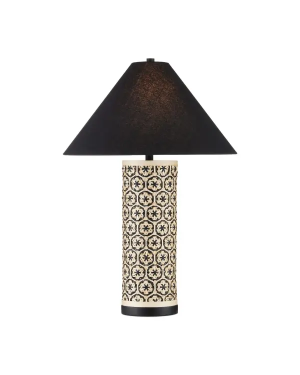 The Nebulon Table Lamp showcases exceptional artisanal quality with its handwoven bamboo body featuring traditional Vietnamese star-weaving patterns. The natural and black bamboo combination creates striking visual texture, while the black empire shade provides elegant contrast. Each piece is unique due to its handcrafted nature, making it a conversation-worthy addition to any space.