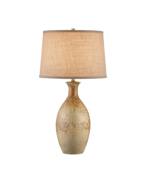 The Stellata Table Lamp showcases exceptional artisan craftsmanship with its crystallized ochre glaze that creates a one-of-a-kind speckled surface. Each lamp is unique due to the mineral reactions during firing, offering depth and subtle sparkle. The 31-inch height and white burlap shade provide warm, diffused lighting ideal for living spaces and bedrooms.