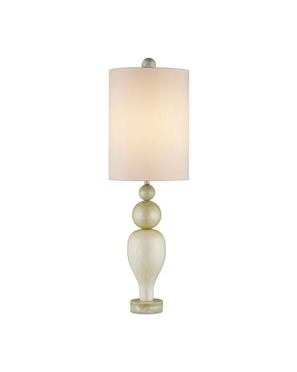 The Hutson Table Lamp brings sophisticated European style with its three stacked rounded forms that graduate from warm ivory to light olive. The pearlescent finish adds subtle elegance, while the tall profile makes it ideal for console tables and buffets.