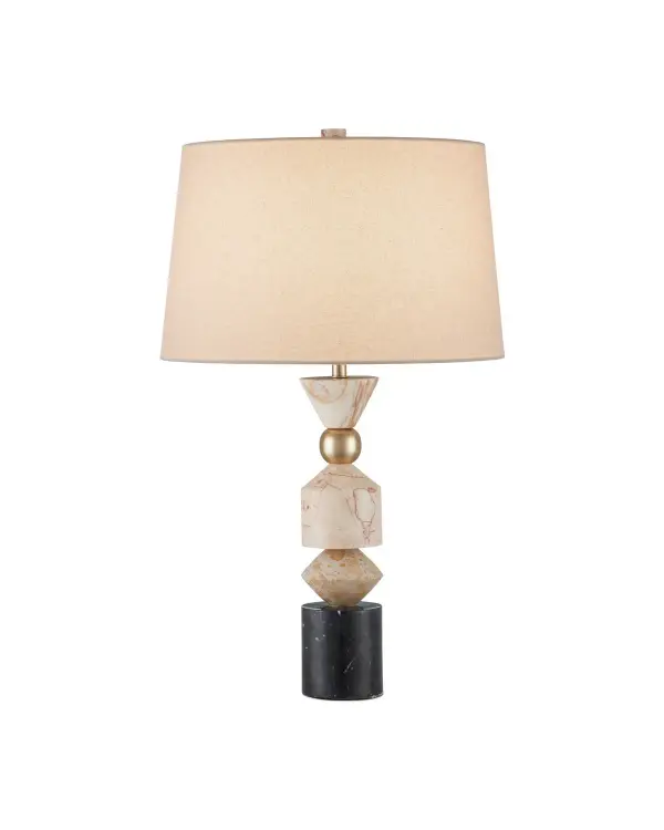 A striking architectural piece that combines four distinct marble varieties with brass accents. The geometric stacked design creates visual interest while the natural stone veining ensures each lamp is unique. Perfect for spaces seeking artistic elegance.
