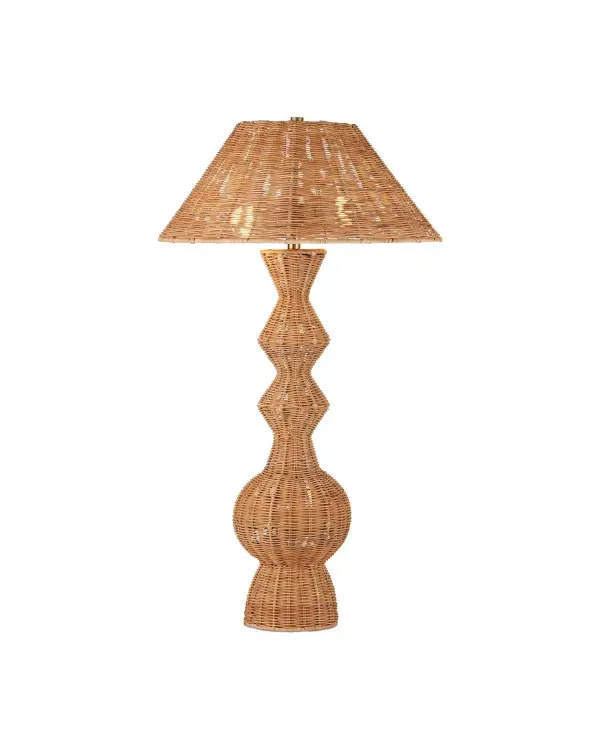 The Nirvana Table Lamp brings natural texture and geometric interest with its hand-woven cane rattan body. At 38 inches tall, it makes a statement while maintaining versatility across coastal, organic modern, and transitional interiors.