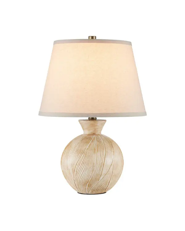 The Currey & Company Brushmark Table Lamp is made of beige ceramic with a carved surface pattern that resembles fabric rippling in a breeze. Collection: Brushmark Finish: Beige Glass: White Linen Width: 14.00" Height: 20.25" Weight: 7.00 lb Wire: 6'Clear Silver Number of Bulbs: 1 Maximum Wattage: 100.00 W Bulb Type: A Bulb Base: E26 Voltage: 120.00 V Material: Ceramic Country of Origin: Vietnam Switch: 3-Way Turn Knob Manufacturer Warranty: Warrants products for 1 yr against defects in materials & workmanship