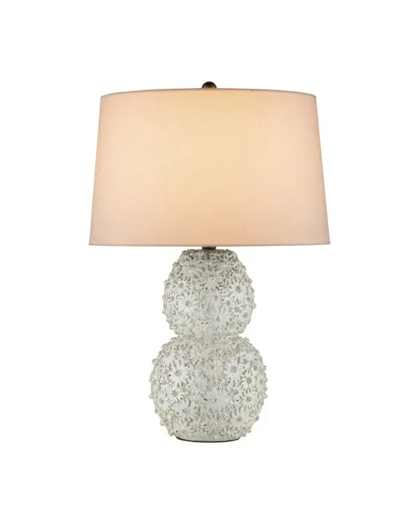 The Currey & Company Jessamine White Table Lamp is a ceramic lamp with a surface studded with beautifully fashioned and playfully placed flowers. Collection: Jessamine Finish: White Glass: Off-White Shantung Width: 18.00" Height: 27.00" Weight: 16.00 lb Wire: 6'Clear Silver Number of Bulbs: 1 Maximum Wattage: 150.00 W Bulb Type: A Bulb Base: E26 Voltage: 120.00 V Material: Ceramic Country of Origin: Thailand Switch: 3-Way Turn Knob Manufacturer Warranty: Warrants products for 1 yr against defects in materials & workmanship