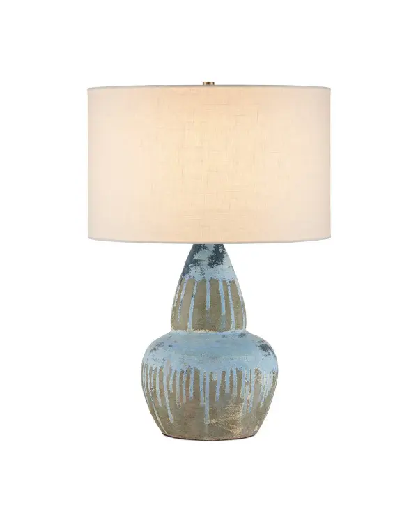 This handcrafted terracotta table lamp features a striking gourd silhouette with an antique blue drip glaze that creates organic, one-of-a-kind patterns. The substantial ceramic base paired with an off-white shantung shade delivers both visual impact and warm ambient lighting.