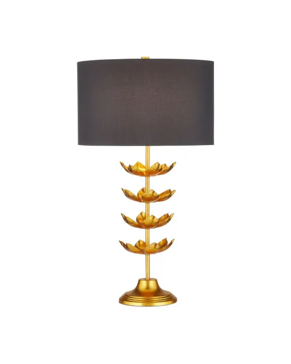 The Awakening Table Lamp brings organic elegance to any space with its lotus-inspired base and refined gold leaf finish. The sculptural metal stem and botanical details create visual interest while the black shantung shade provides sophisticated contrast. A versatile piece that elevates both traditional and contemporary interiors.