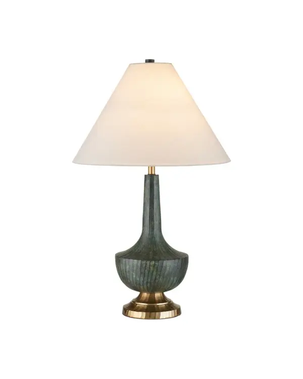 The Djinn Table Lamp combines artisanal metalwork with transitional elegance. Its cast aluminum construction features a striking verdigris and antique brass finish that adds character to any space. The bone linen shade softens the light while the 3-way switch offers lighting flexibility.