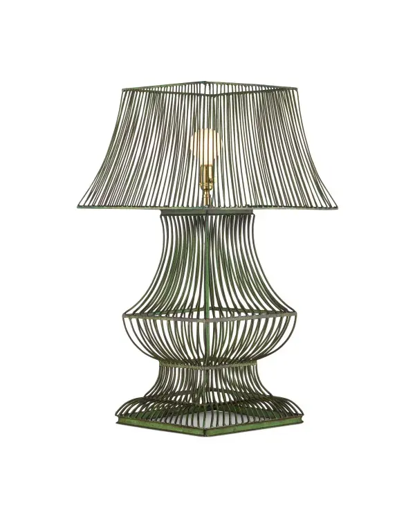 The Tuteurs Table Lamp brings architectural interest with its ribbed trophy silhouette and unique metal strip shade. The distressed green finish adds vintage character while the substantial 24-pound construction ensures stability.