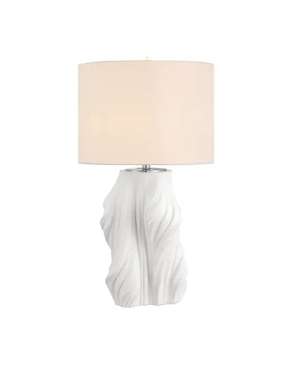 The Watershed Table Lamp showcases innovative 3D-printed porcelain construction with flowing lines that evoke rustling fabric. Its sculptural white form serves as both functional lighting and artistic statement piece.