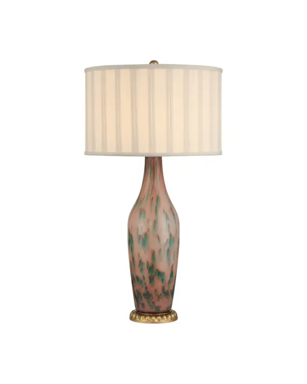 The Brielle brings artisanal craftsmanship to any space with its hand-glazed glass body featuring northern lights-inspired patterns in soft pink, green, and brown tones. The gold leaf accents and off-white shantung shade create a sophisticated, gallery-worthy aesthetic.