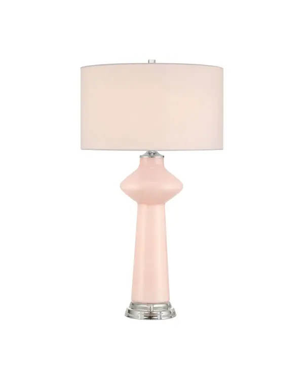 The Henrietta table lamp features a distinctive sculptural glass body in pink and clear that narrows at the base and swells dramatically. Its artistic form makes it a conversation piece while providing functional lighting.