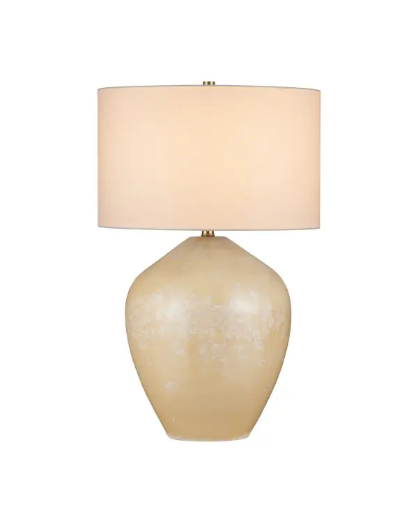The Eiderdown Table Lamp showcases exceptional craftsmanship with its beige ceramic body featuring a distinctive reactive glaze that creates unique crystallized patterns. The jar-shaped silhouette and black plinth base deliver sophisticated style.