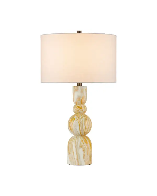 A sculptural statement piece featuring hand-carved wood with a unique 15th-century marbling technique. The flowing yellow and white pattern creates visual movement while the geometric form adds contemporary sophistication.
