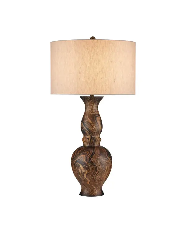 A sculptural table lamp featuring hand-carved geometric forms and a distinctive marbleized finish that evokes 15th-century paper marbling techniques. The swirling brown and black hues create visual movement while the substantial 39-inch height makes a bold design statement.