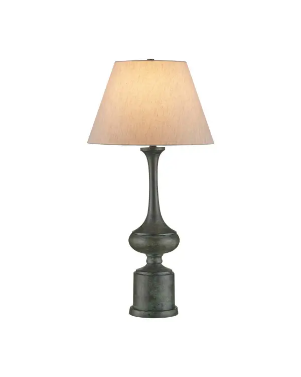 The Virgil Table Lamp masterfully blends traditional brass lamp silhouettes with modern minimalist design. Its textural verdigris finish adds character and sophistication, while the cast aluminum construction ensures durability.