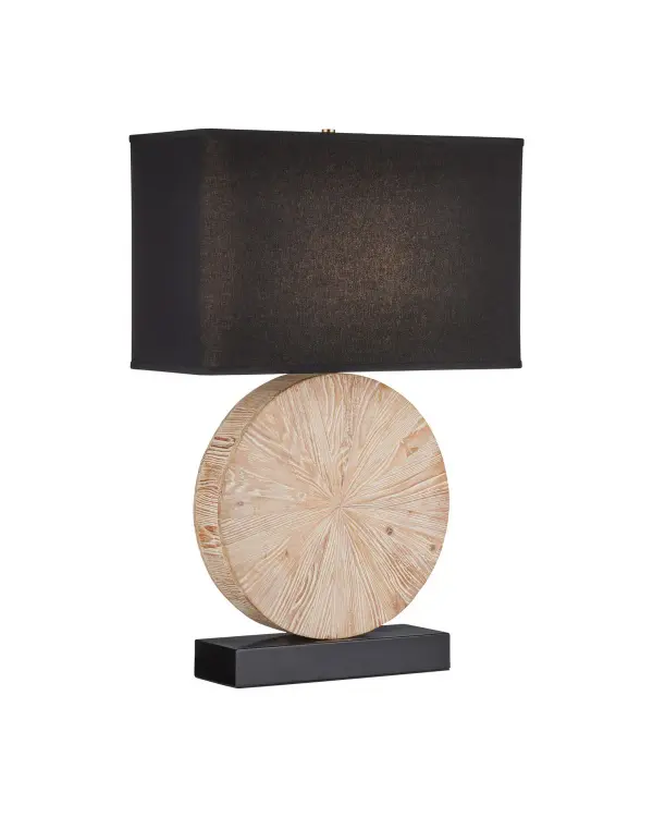 The Pinion Table Lamp masterfully blends rustic warmth with contemporary design through its distinctive whitewashed wood disc centerpiece. The natural wood texture creates visual interest while black metal accents provide modern contrast.
