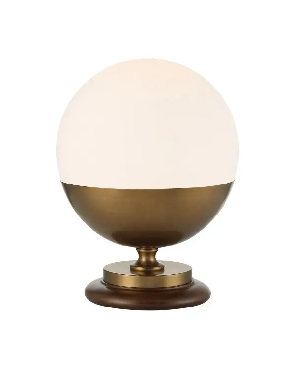 A beautifully crafted Mid-Century Modern table lamp featuring a frosted milk-glass globe, textured antique brass metalwork, and warm walnut wood base. The integrated LED provides energy-efficient, diffused ambient lighting perfect for intimate spaces.