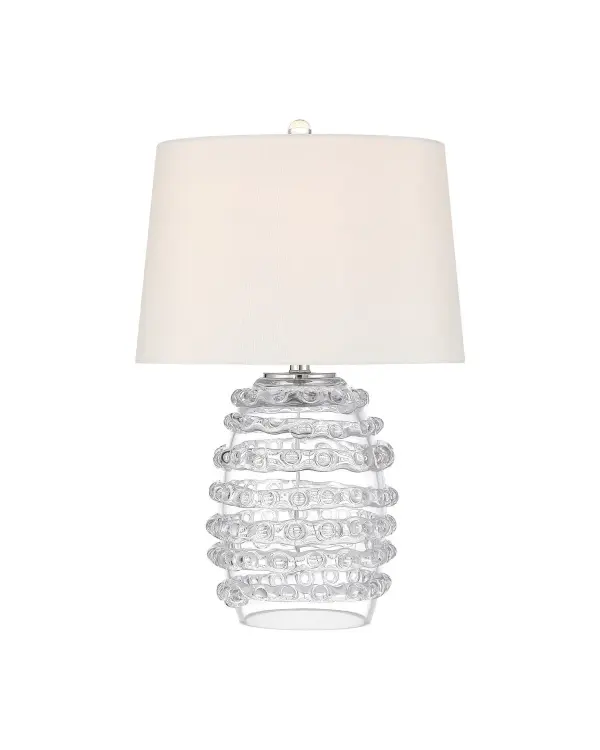 Hand-blown clear glass with organic spiral detailing creates a stunning focal point. The textured surface catches and refracts light beautifully while the bell-shaped silhouette adds contemporary elegance to any space.