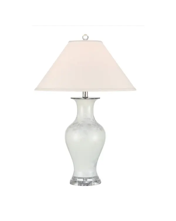 A sophisticated table lamp featuring reactive glazed porcelain with cloud-like crystalline texture. The optic crystal base and finial, paired with polished nickel hardware, create an upscale look perfect for traditional and contemporary interiors.