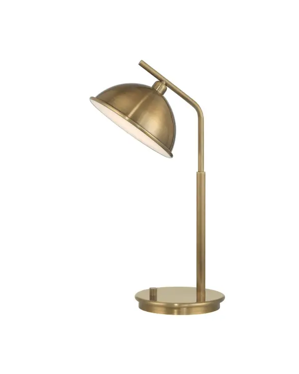 A sleek task lamp that blends Industrial Age aesthetics with modern LED efficiency. The polished antique brass finish and half-moon shade create focused, glare-free illumination perfect for reading and work.