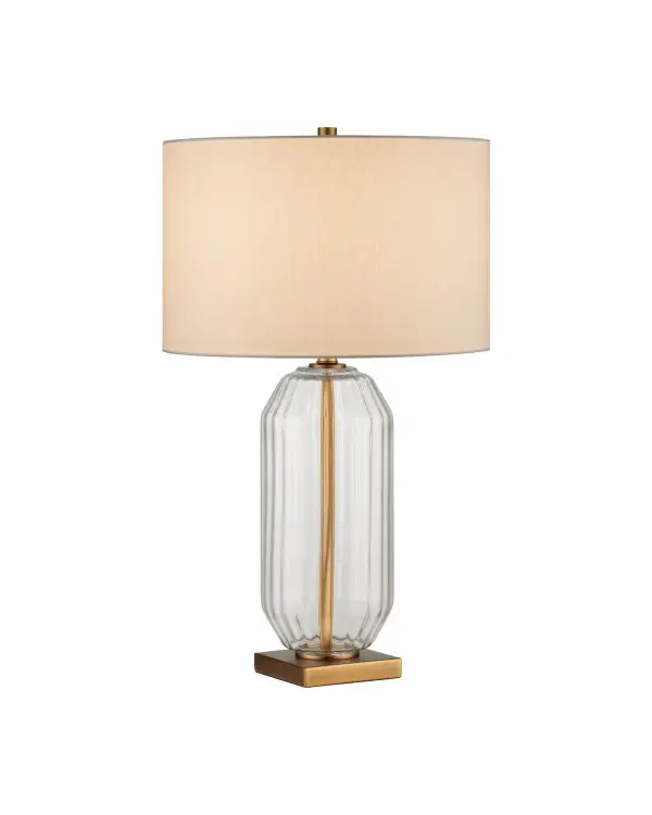 A striking fusion of classical architecture and mid-century design, featuring fluted clear glass that mimics ancient columns paired with aged brass accents. The transparent ribbed body creates a luminous sculptural effect.