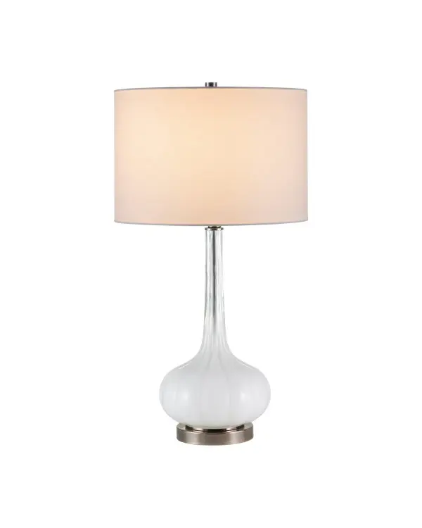 The Blanche Table Lamp transforms any space with its hand-crafted milky white art glass body inspired by blooming allium flowers. The fluted gourd silhouette paired with brushed black nickel creates a sophisticated contrast that works beautifully in both traditional and contemporary settings.