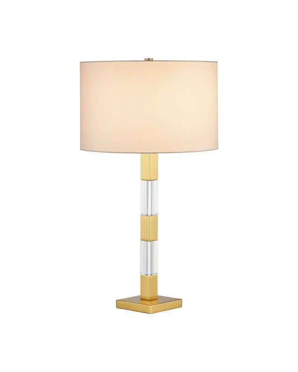 The Toshiro combines geometric precision with luxurious materials, featuring alternating optic crystal cubes and satin brass blocks that create visual rhythm. Its substantial 29-inch height makes a statement while the transparent elements keep it from feeling heavy.