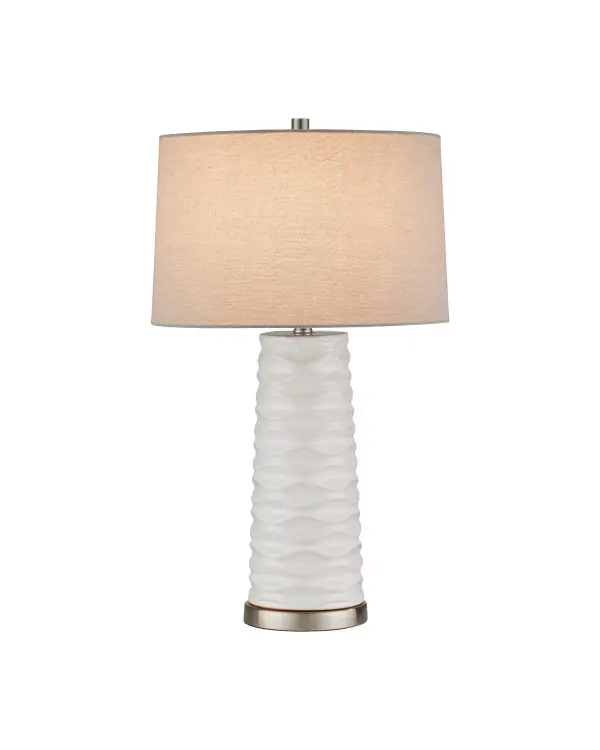 The Canova Table Lamp brings artistic dimension to interiors with its bold horizontal undulations and sophisticated white crackled glaze. The geological texture catches light beautifully while the sleek metal base provides modern grounding.