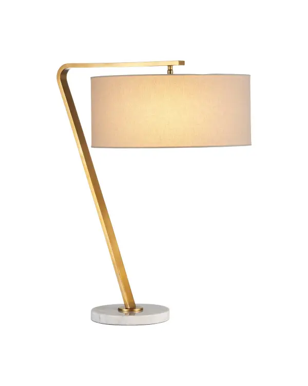 The Brachium combines minimalist design with premium materials—white marble base and antique brass arm create a refined aesthetic. Dual bulbs provide ample task lighting with dimming capability for versatility.