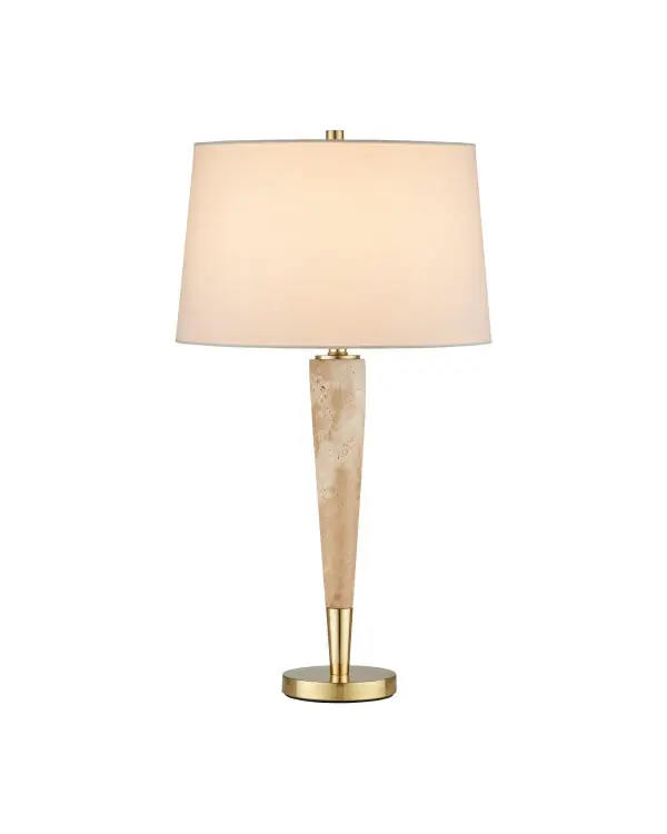 A refined table lamp featuring a hand-carved travertine pillar that showcases raw geological texture, elevated by satin brass accents. The classical Italian architectural influence creates an elegant statement piece.