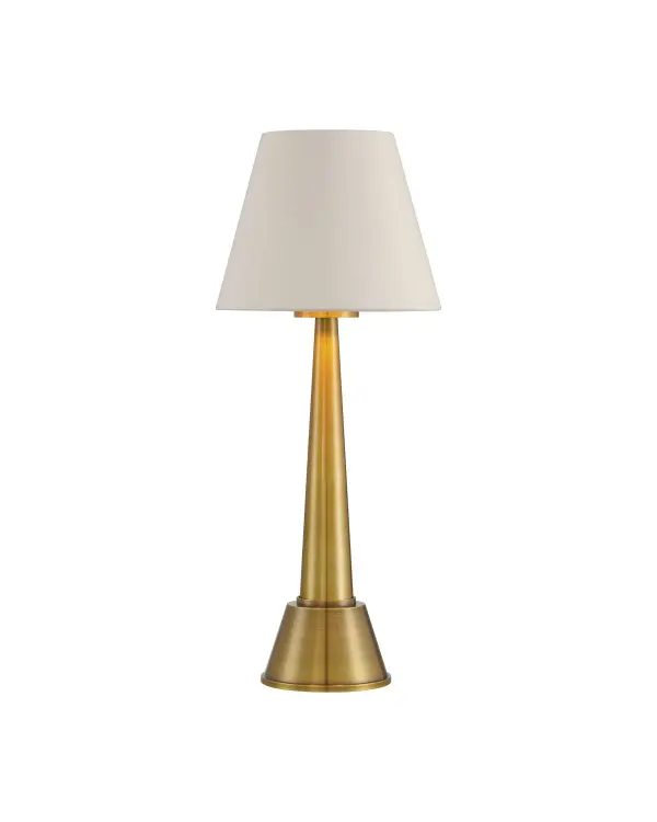 The Saunter combines portability with refined style. Its rechargeable LED design eliminates cords, while the polished brass finish and gold-lined shade create warm, sophisticated ambiance. Perfect for flexible lighting needs.