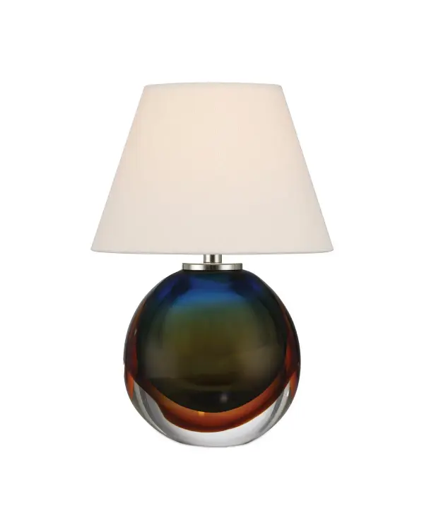 A stunning cordless table lamp featuring hand-blown art glass with layered blue, amber, and clear glass creating a unique green effervescence. The rechargeable LED design offers portability and ambiance without cords, perfect for flexible lighting.