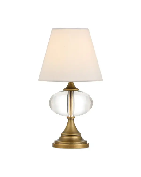 The Sashay combines sculptural optic crystal with warm brass detailing in a compact, cordless design. Its rechargeable LED technology and touch-switch operation make it ideal for flexible placement without outlet constraints.