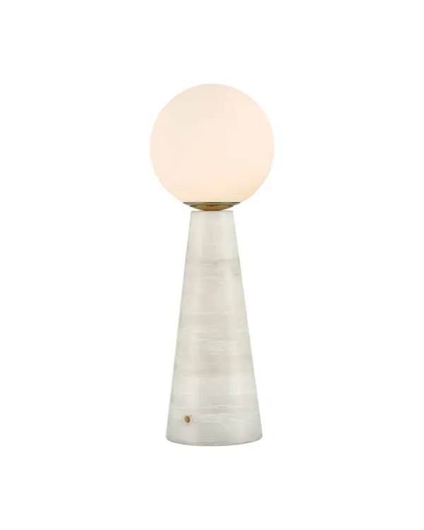 A sophisticated portable lamp featuring telescoping white marble body and milky glass globe. The rechargeable LED design offers freedom of placement indoors or out, while brass accents add warmth to the minimalist aesthetic.