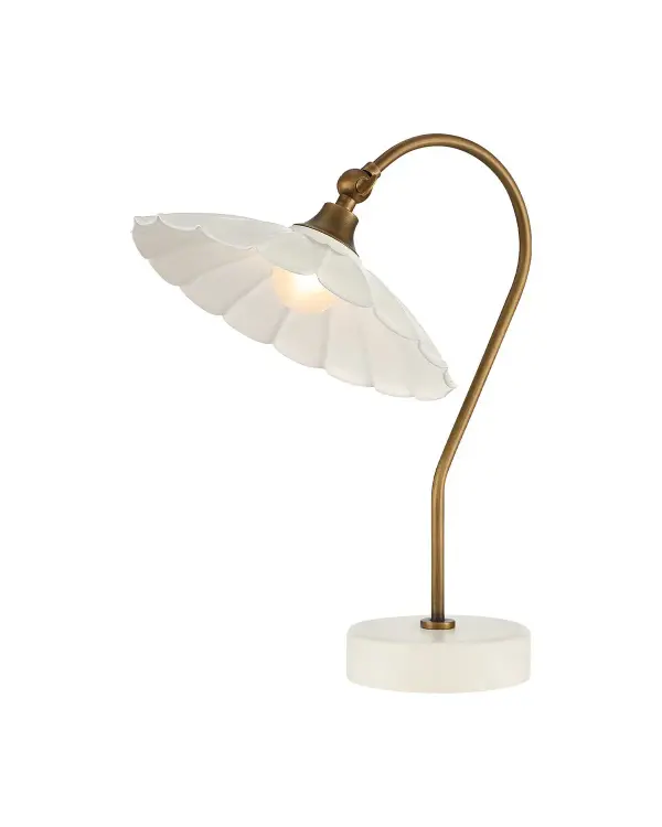The Springe Ivory Cordless Table Lamp has a curving metal stem with an adjustable ratcheting neck that holds a sweet, fluted shade shaped like a flower. It extends up from a disc-shaped base made of metal. The glass has an enameled finish that softens the paleness of the material. A rechargeable bulb makes it easily portable. Collection: Springe Finish: White / Antique Brass Glass: White Metal Width: 12.00" Height: 15.00" Length: 9.75" Weight: 3.00 lb Bulbs Included Number of Bulbs: 1 Maximum Wattage: 2.00 W Bulb Base: G4 Light Source: LED Light Output: 153.00 lm Color Temperature: 2700 K Dimmable Voltage: 120.00 V Material: Metal Country of Origin: China Switch: Touch Switch LED Manufacturer Warranty: One year against defects in materials and workmanship