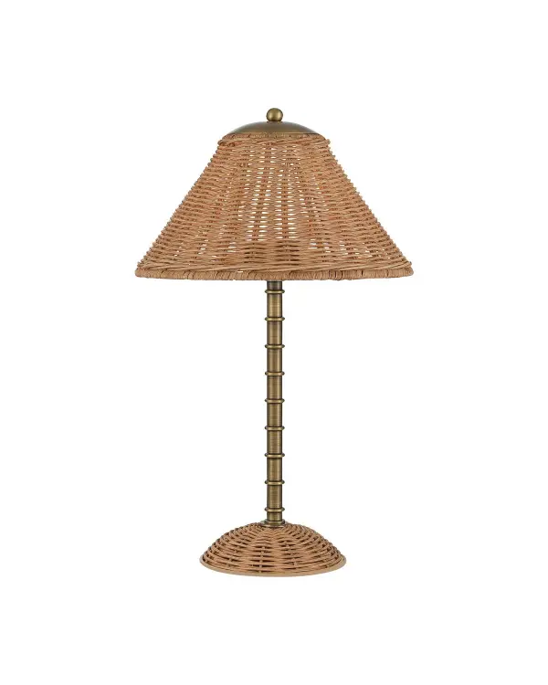 The Skitter brings cordless convenience to coastal and organic modern spaces with its woven natural rattan base and shade paired with antique brass accents. The articulated stem and rechargeable LED bulb make it ideal for flexible lighting.