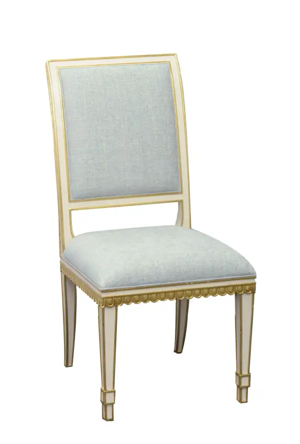This refined accent chair captures the essence of Swedish Gustavian design with its ivory-finished mahogany frame and antique gold accents. The Mixology Moonstone fabric seat complements the traditional pale palette, creating a sophisticated piece that works beautifully in formal and transitional spaces.