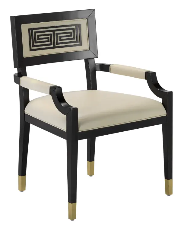 Barry Goralnick's contemporary take on the classic Greek Klismos chair features elegant Greek Key wood inlay and brass ferrules, but prioritizes comfort with wider, deeper proportions. The caviar black beech frame and milk leather upholstery create a sophisticated, tailored aesthetic.