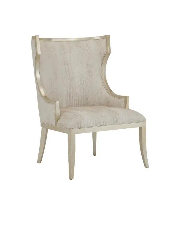 A sophisticated update to the classic wingback design featuring a mahogany frame with luminous silver leaf finish and fresh linen upholstery. The fully upholstered back allows versatile placement while clean lines suit multiple design styles.