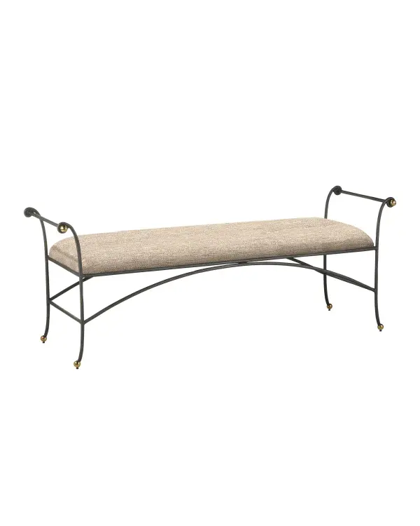 The Mabel Bench combines textured steel construction with polished brass details for a sophisticated look. Its 55-inch wide upholstered seat offers ample seating, while arched stretchers and ball feet add architectural interest.