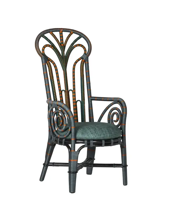 A dramatic, narrow armchair that reimagines the classic Peacock chair with vibrant green and orange performance rope over bent rattan. The tall back and slender profile make it a striking focal point without overwhelming smaller spaces.